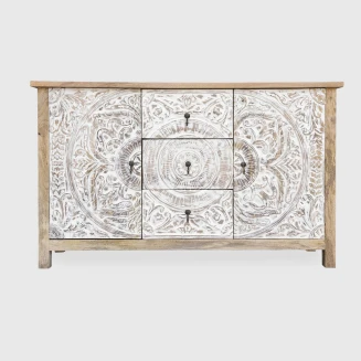 Drewniana Komoda Indyjska Rzeźbiona Mandala Biała 150cm