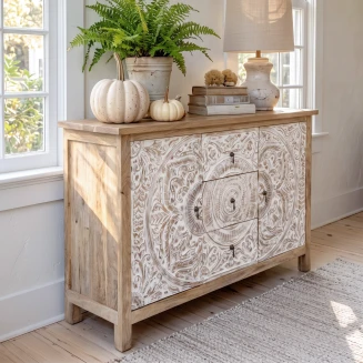 Drewniana Komoda Indyjska Rzeźbiona Mandala Biała 150cm