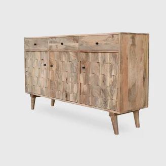nowoczesna komoda z drewna mango z geometrycznym wzorem na drzwiach profil lewy bok