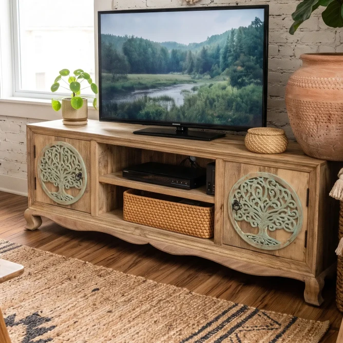 drewniana szafka rtv indyjska w naturalnym, jasnym wystroju salonu w stylu boho