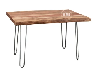 stol loftowy z jasnej akacji z grubym blatem na srebrnych nogach hairpin