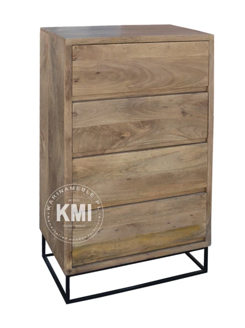 wysoka komoda industrialna 75 cm z 4 szufladami widok pod kątem naturalne drewno mango