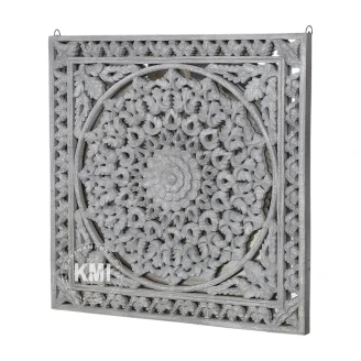 meble w stylu boho | drewniany panel rozeta z lustrem szary
