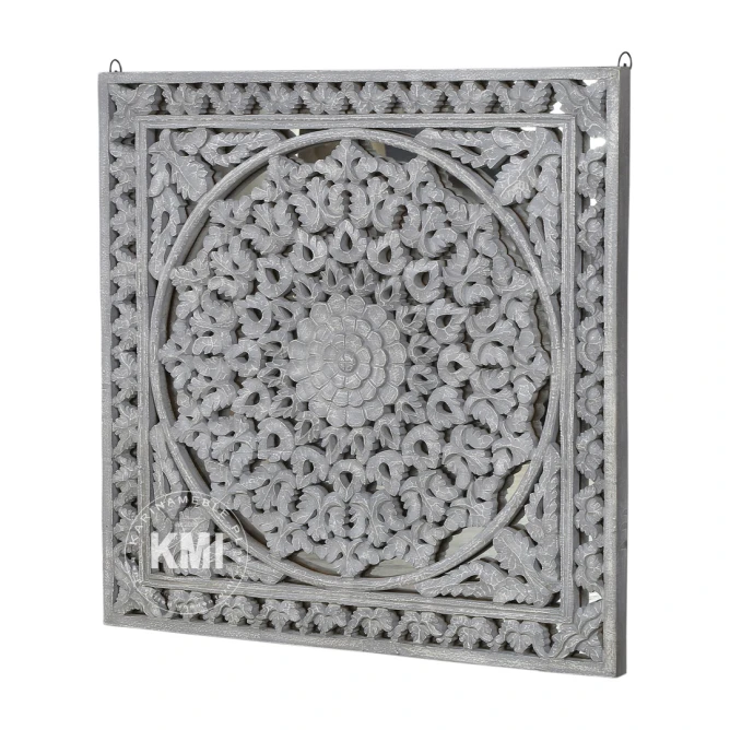meble w stylu boho | drewniany panel rozeta z lustrem szary