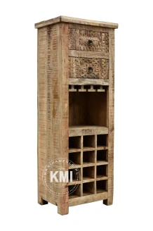 drewniana szafka na wino 150 cm na wprost naturalny kolor drewna z recyklingu i 2 szuflady