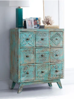 Kolorowe Meble Orientalne | Turkusowa Komoda Rzeźbiona Boho 76 cm