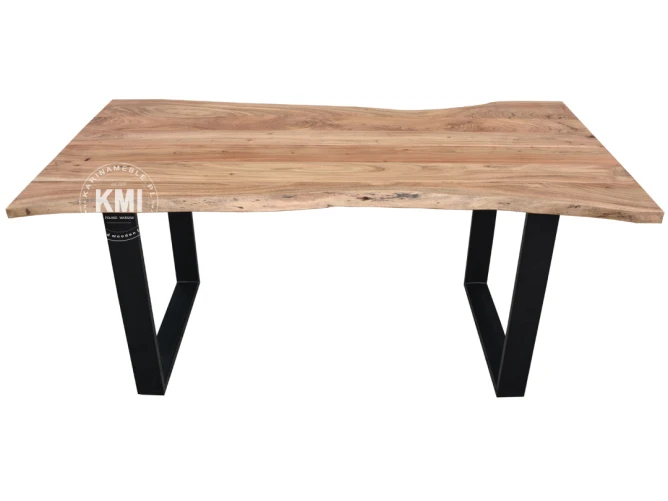 designerski naturalny stol z litej akacji indyjskiej na czarnych metalowych nogach