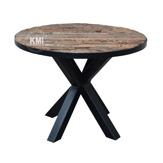 okrągły designerski stół w stylu loftowym stare drewno metal