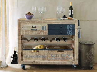 Drewniany Barek na Kółkach z Szufladami 118 cm | Wyspa Kuchenna Loft