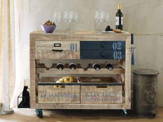 Drewniany Barek na Kółkach z Szufladami 118 cm | Wyspa Kuchenna Loft