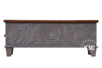 Szara Rzeźbiona Skrzynia Indyjska Kufer Mango Boho 117 cm