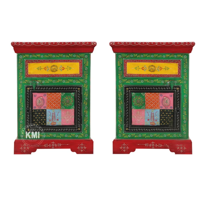 kpl dwóch ręcznie malowanych szafek Masala z drewna mango i MDF kolorowe ornamenty indyjskie meble boho do sypialni lub salonu