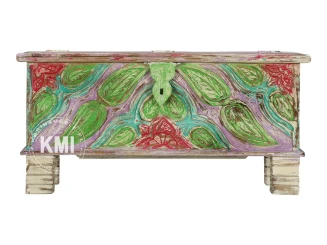 Kolorowa indyjska skrzynia – rzeźbiony kufer boho 97 cm