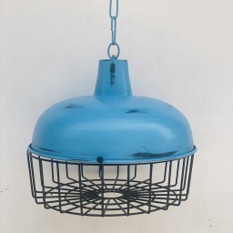Lampa industrialna niebieska z siatką – sufitowa, metalowa, postarzana