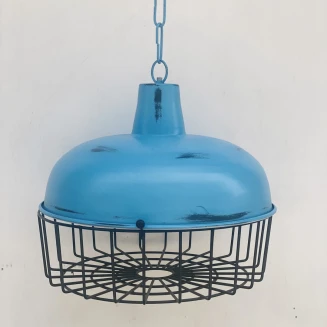 Lampa industrialna niebieska z siatką – sufitowa, metalowa, postarzana