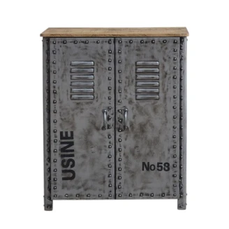 front komody z szarego metalu z nitami i czarnymi napisami usine no 58 meble industrialne