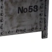 detal komody usine czarny napis no 58 na przecieranym szarym metalu meble industrialne