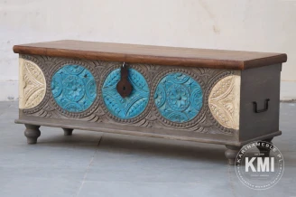 meble boho skrzynia drewniana kufer rzeźbiona kolorowa