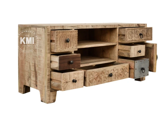 meble vintage drewniana szafka rtv CHAKRA naturalny odcień 120 cm