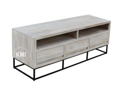 Szafka RTV loftowa bielona z drewna i metalu w stylu industrialnym