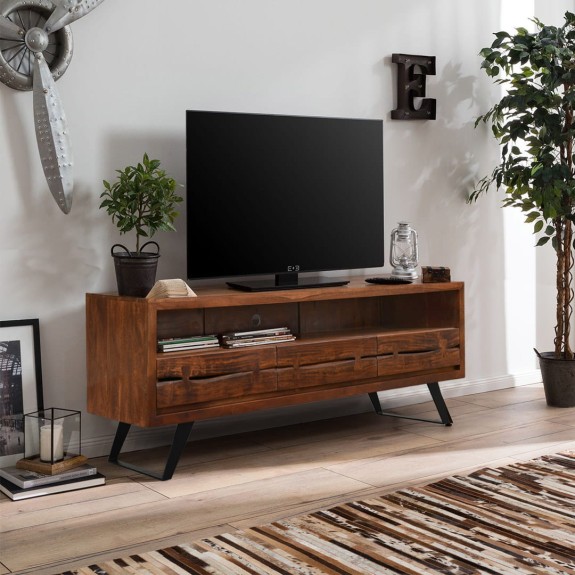 Loftowa szafka RTV Organic Light Walnut z drewna i metalowymi nogami – stylowy mebel industrialny.
