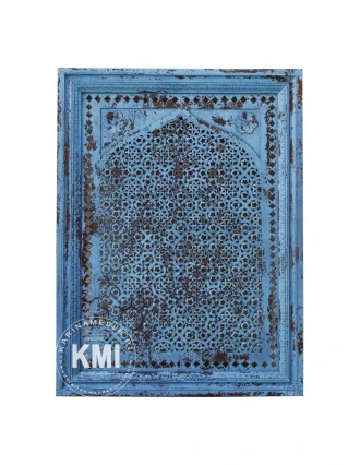 orientalny panel drewniany rzeźbiony niebieski postarzany 90x120