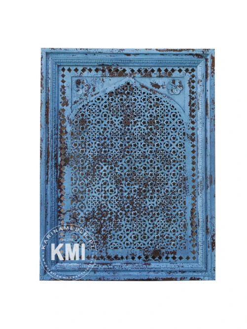 orientalny panel drewniany rzeźbiony niebieski postarzany 90x120
