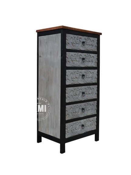 meble indyjskie wysoka komoda z szufladami rzeźbiona czarno - szara