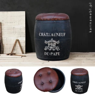 Czarna Pufa Beczka Drewniana ze Schowkiem Barrel 54 cm | Meble Loftowe