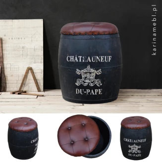 Czarna Pufa Beczka Drewniana ze Schowkiem Barrel 54 cm | Meble Loftowe