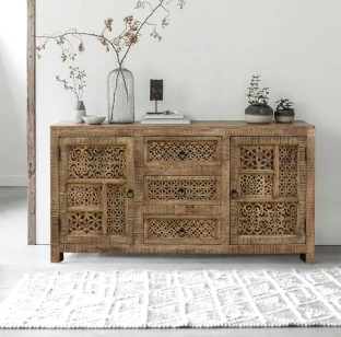 Meble Indyjskie | Rzeźbiona Komoda Boho Shanti Drewno Mango Patynowane 150 cm