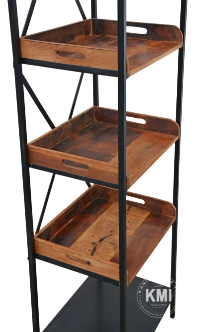 wysoka biblioteczka loftowa 200cm czarny metal i zrecyklingowane drewno