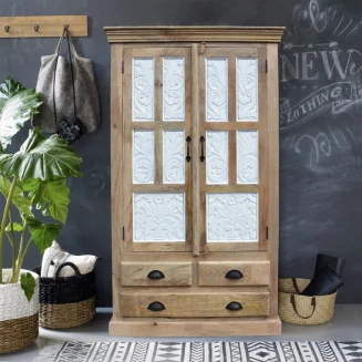 Mała Rzeźbiona Szafa Indyjska Biała Drewno Mango 160 cm - Meble Boho