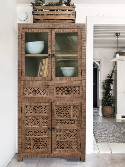 Witryna Shanti rzeźbiona, meble indyjskie orientalne, drewniana szafa z przeszkleniem.