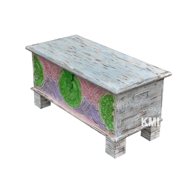 meble loftowe rzeźbiona skrzynia kolorowa styl boho drewno mango