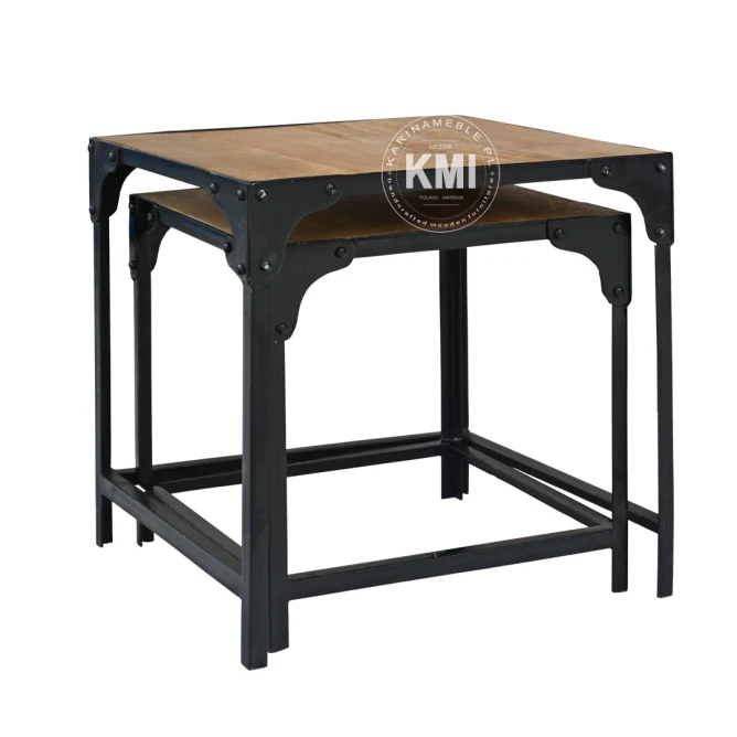 meble vintage | komplet dwóch industrialnych stolików z drewna mango i metalu