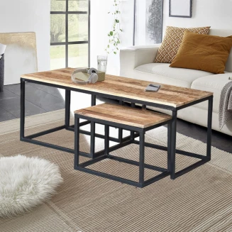 Komplet 3 Stolików Industrialnych Roma Drewno Mango | Meble Loftowe
