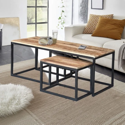 Komplet 3 Stolików Industrialnych Roma Drewno Mango | Meble Loftowe