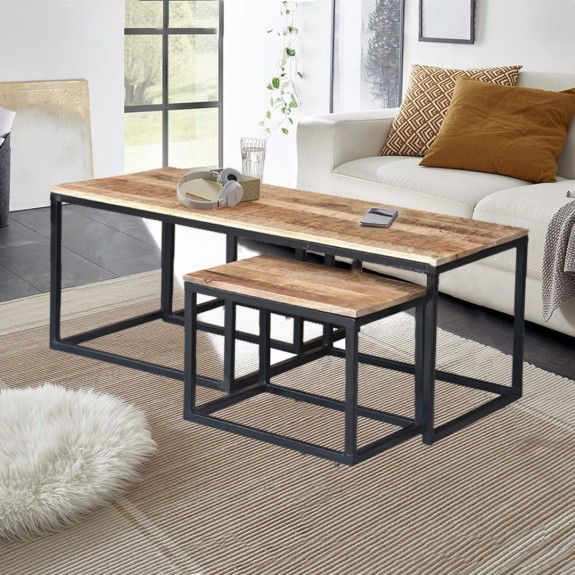 Komplet trzech stolików Roma z drewna mango i metalu – meble loftowe i industrialne do salonu w nowoczesnym stylu.