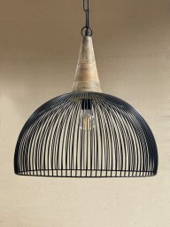 lampa industrialna nad stół z metalu i drewna ażurowa średnia