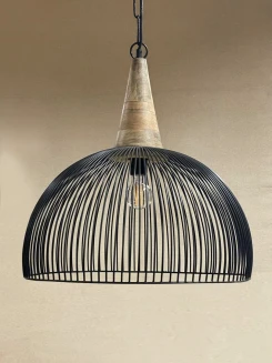 lampa industrialna nad stół z metalu i drewna ażurowa średnia