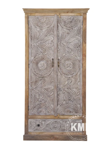 meble drewniane mango rzeźbiona szafa z drążkiem na wieszaki bielona