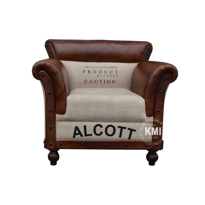 skórzano bawełniany fotel alcott widok z przodu ciemnobrązowe drewniane nogi