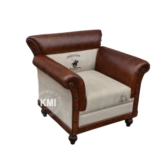 Fotel Loftowy POLO Bawełna Upcycled i Skóra Kozia Vintage