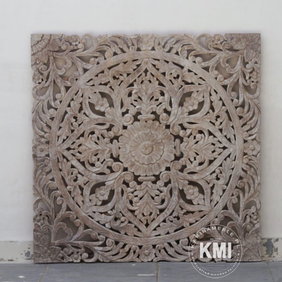 indyjski panel w stylu boho drewniany rzeźbiony 122x122 bielony