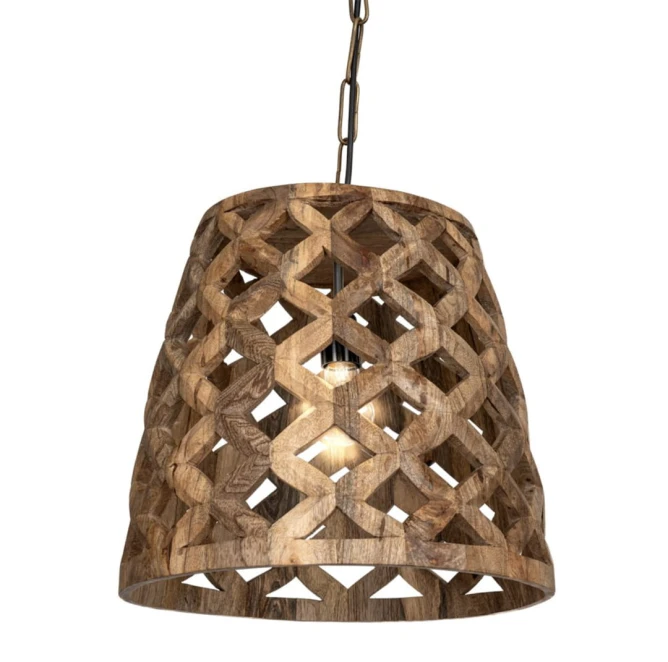 lampa drewniana z litego mango z ażurowym kloszem na metalowym lancuchu widok z przodu