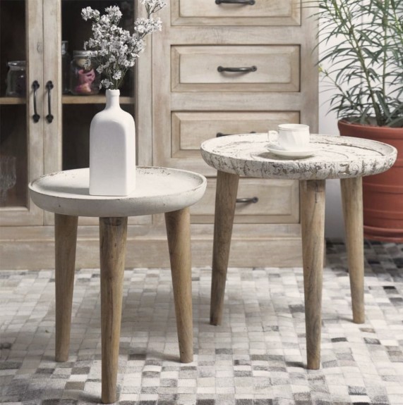 Komplet 2 drewnianych stolików BEAUTY – meble indyjskie z rzeźbionym blatem