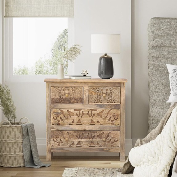 Drewniana komoda indyjska – ręcznie rzeźbiona, naturalne wykończenie, styl orientalny, idealna do salonu, sypialni i jadalni