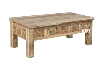 stolik orientalny 120 cm z antycznego drewna rzut ze skosu rzeźbione panele pod blatem
