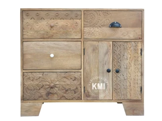 Komoda z drewna mango Sahara front mebla 4 szuflady i szafka rzeźbione wzory geometryczne
